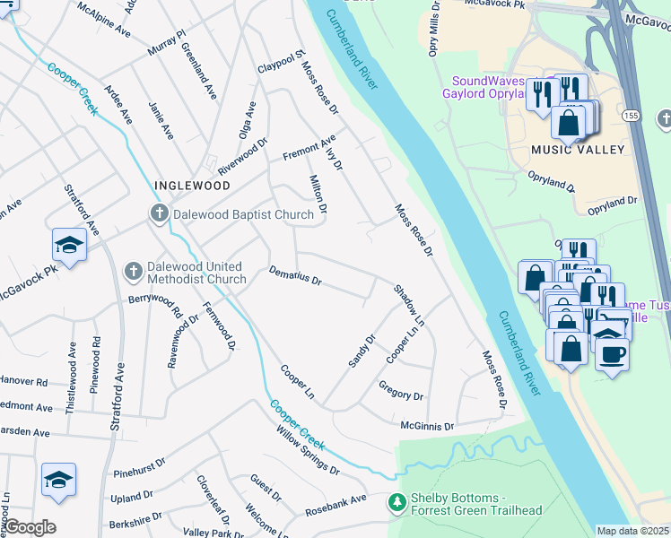 map of restaurants, bars, coffee shops, grocery stores, and more near 2312 Shadow Lane in Nashville