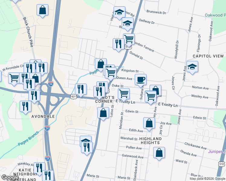 map of restaurants, bars, coffee shops, grocery stores, and more near 2301 Dickerson Pike in Nashville