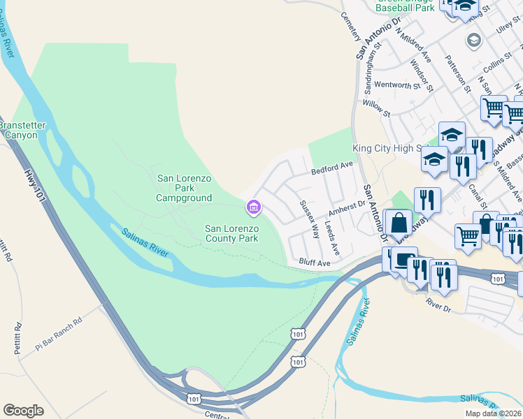 map of restaurants, bars, coffee shops, grocery stores, and more near 1335 Cambridge Avenue in King City