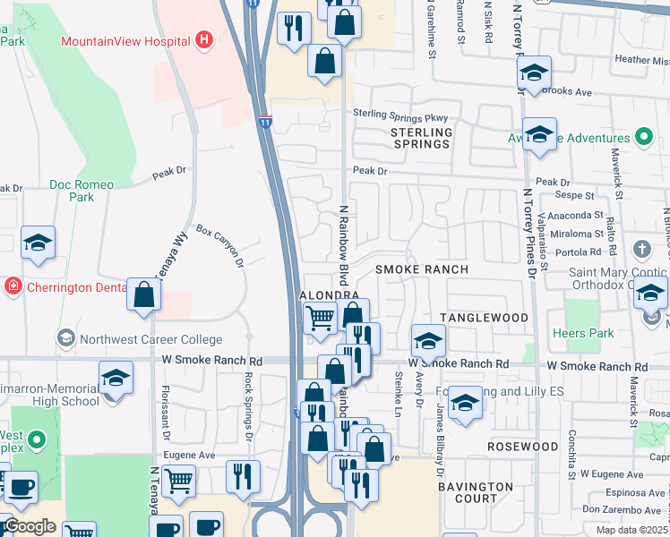 map of restaurants, bars, coffee shops, grocery stores, and more near 2451 North Rainbow Boulevard in Las Vegas