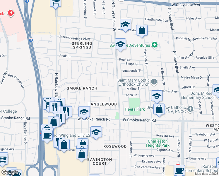 map of restaurants, bars, coffee shops, grocery stores, and more near 6417 Morley Avenue in Las Vegas
