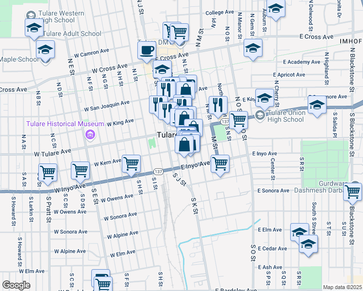 map of restaurants, bars, coffee shops, grocery stores, and more near 157 South K Street in Tulare