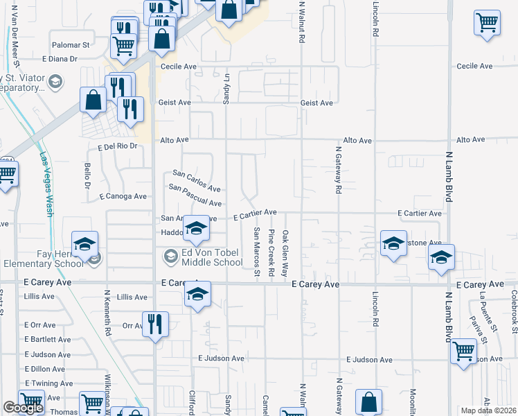 map of restaurants, bars, coffee shops, grocery stores, and more near 2620 San Marcos Street in Las Vegas