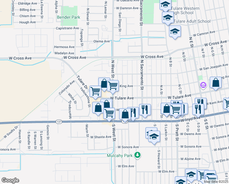 map of restaurants, bars, coffee shops, grocery stores, and more near 128 North West Street in Tulare