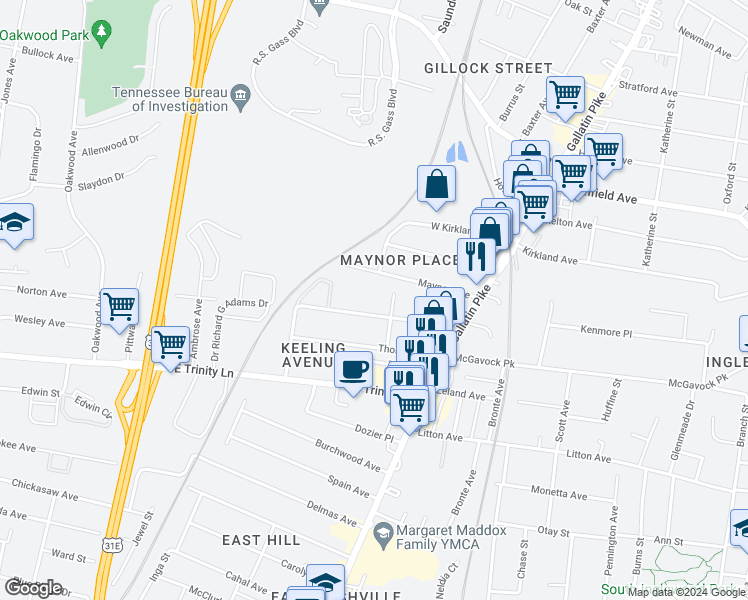 map of restaurants, bars, coffee shops, grocery stores, and more near 931 Elvira Avenue in Nashville