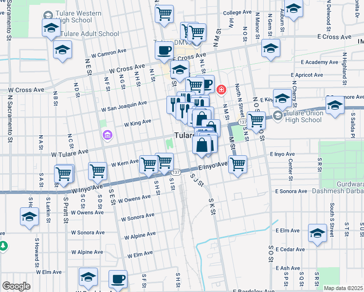 map of restaurants, bars, coffee shops, grocery stores, and more near in Tulare