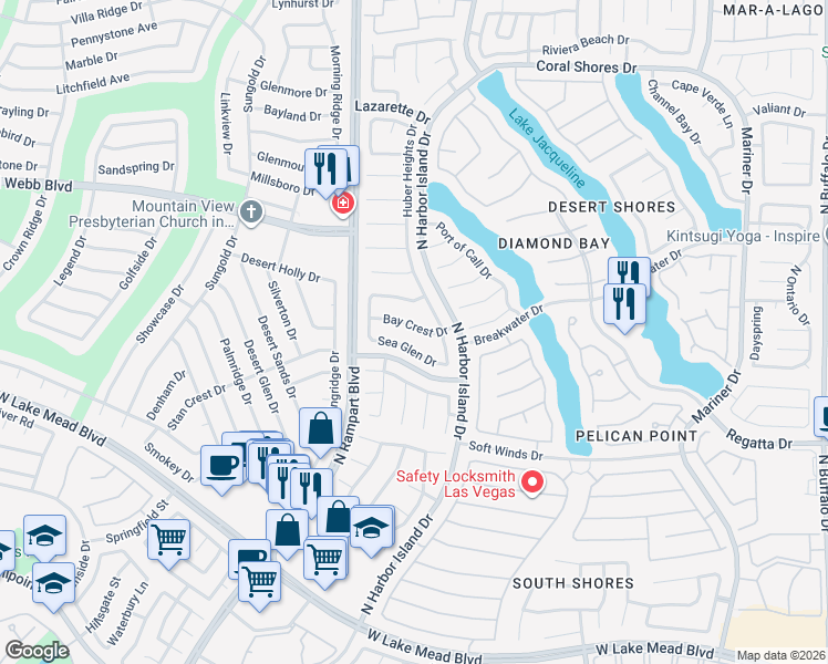 map of restaurants, bars, coffee shops, grocery stores, and more near 8417 Bay Crest Drive in Las Vegas