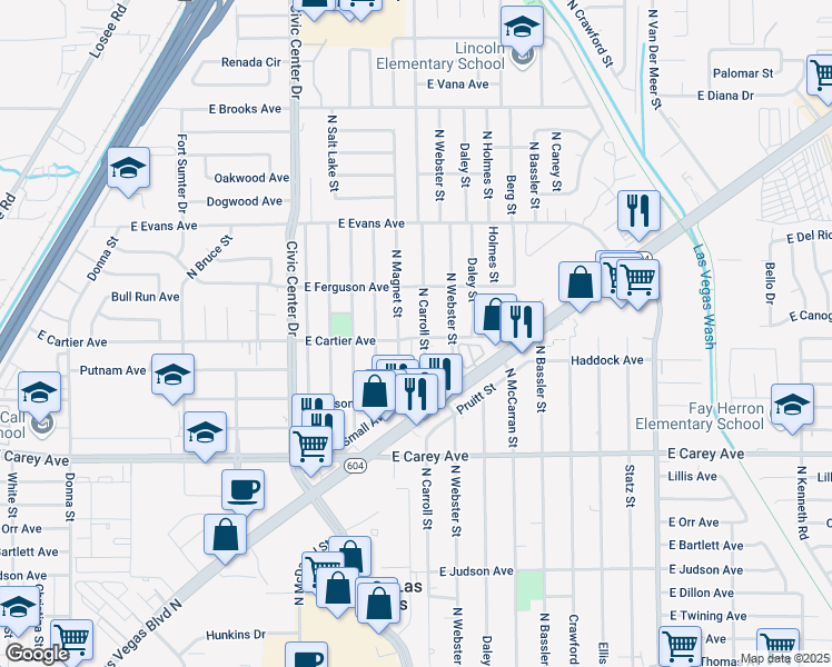 map of restaurants, bars, coffee shops, grocery stores, and more near 2601 North Carroll Street in North Las Vegas