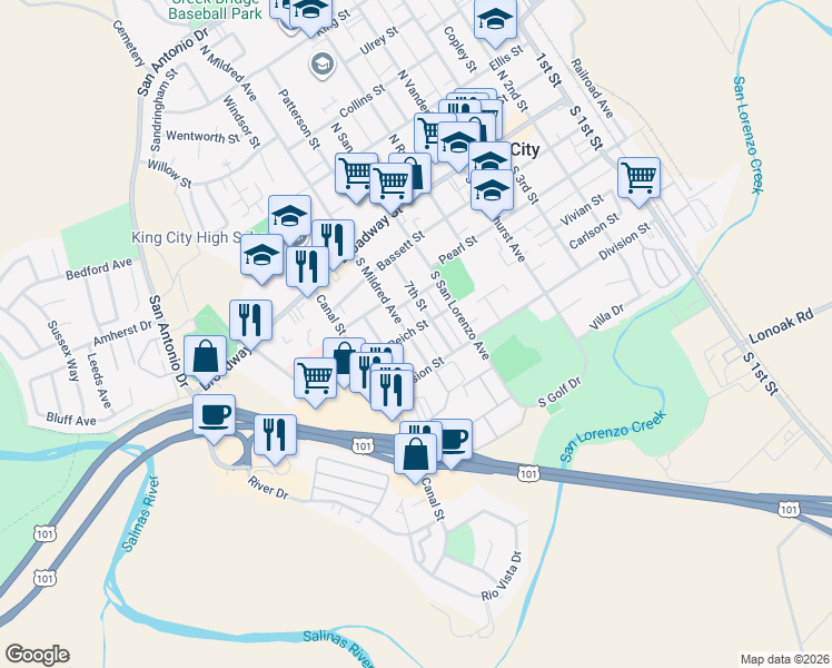 map of restaurants, bars, coffee shops, grocery stores, and more near 639 Reich St in King City