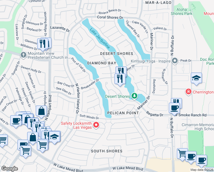map of restaurants, bars, coffee shops, grocery stores, and more near 2588 Sun Reef Road in Las Vegas