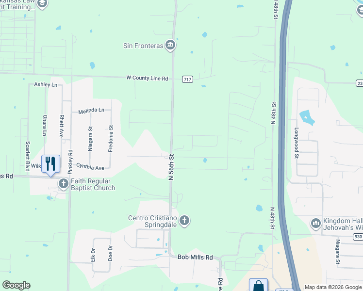 map of restaurants, bars, coffee shops, grocery stores, and more near 2377 North 56th Street in Springdale