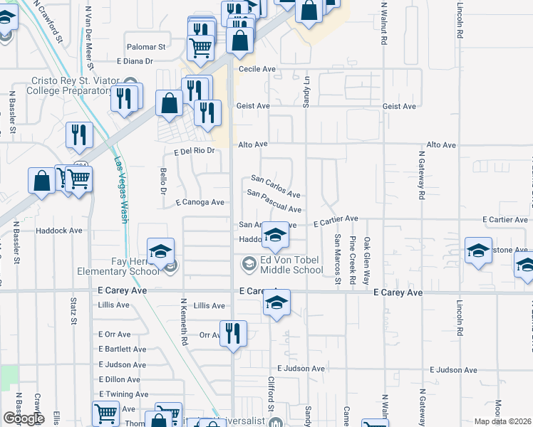 map of restaurants, bars, coffee shops, grocery stores, and more near 2619 San Luis Street in Las Vegas