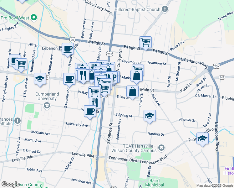 map of restaurants, bars, coffee shops, grocery stores, and more near 119 South College Street in Lebanon