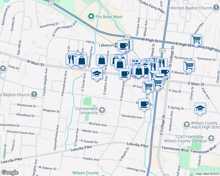 map of restaurants, bars, coffee shops, grocery stores, and more near 121 South Hatton Avenue in Lebanon