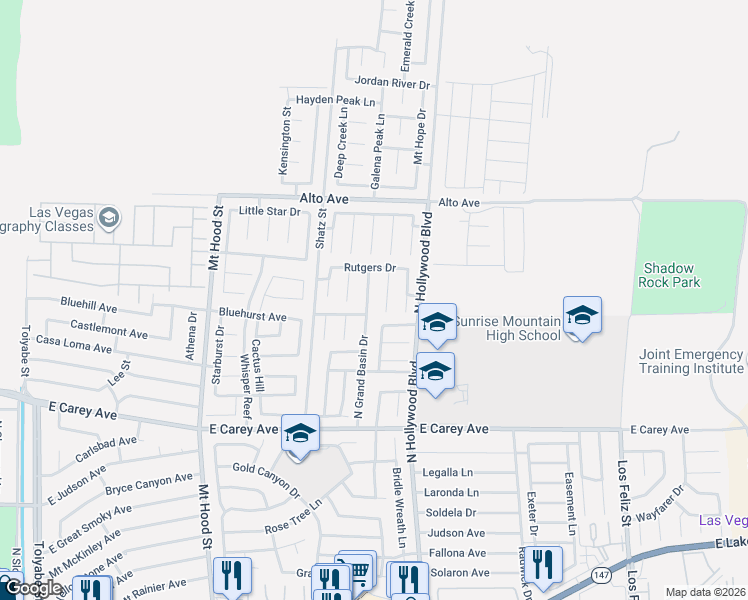 map of restaurants, bars, coffee shops, grocery stores, and more near 2621 North Grand Basin Drive in Las Vegas