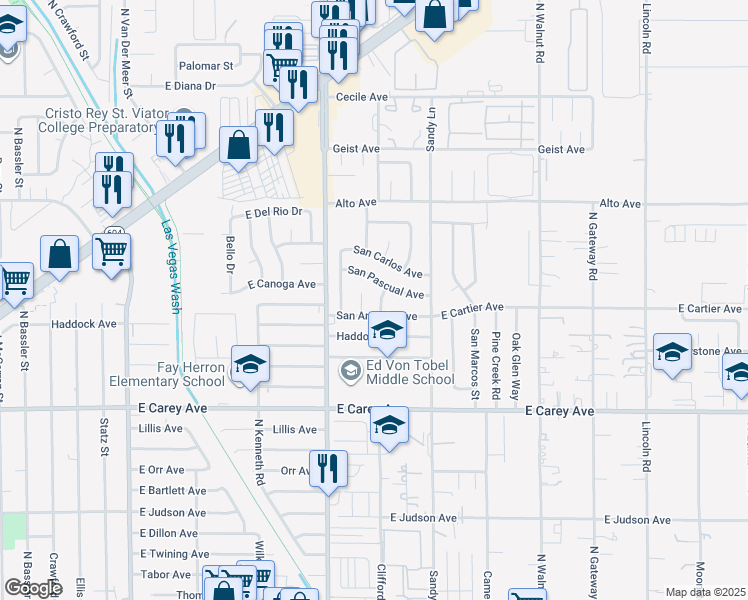 map of restaurants, bars, coffee shops, grocery stores, and more near 2619 San Luis Street in Las Vegas