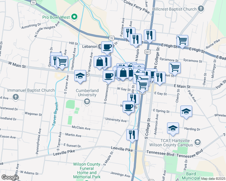 map of restaurants, bars, coffee shops, grocery stores, and more near 232 West Gay Street in Lebanon