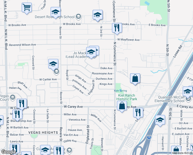 map of restaurants, bars, coffee shops, grocery stores, and more near 412 Duchess Avenue in North Las Vegas