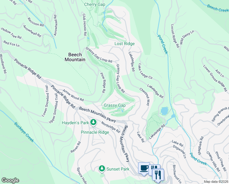 map of restaurants, bars, coffee shops, grocery stores, and more near 110 Hilltop Road in Beech Mountain