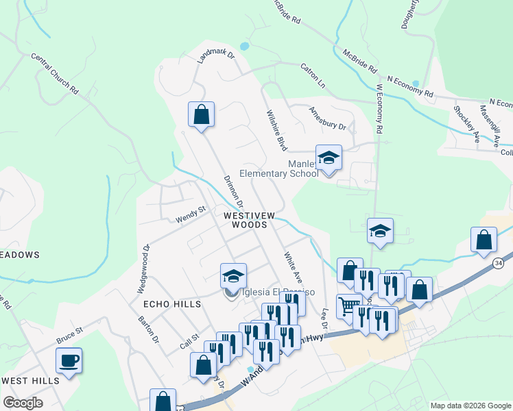map of restaurants, bars, coffee shops, grocery stores, and more near 808 Colonial Drive in Morristown