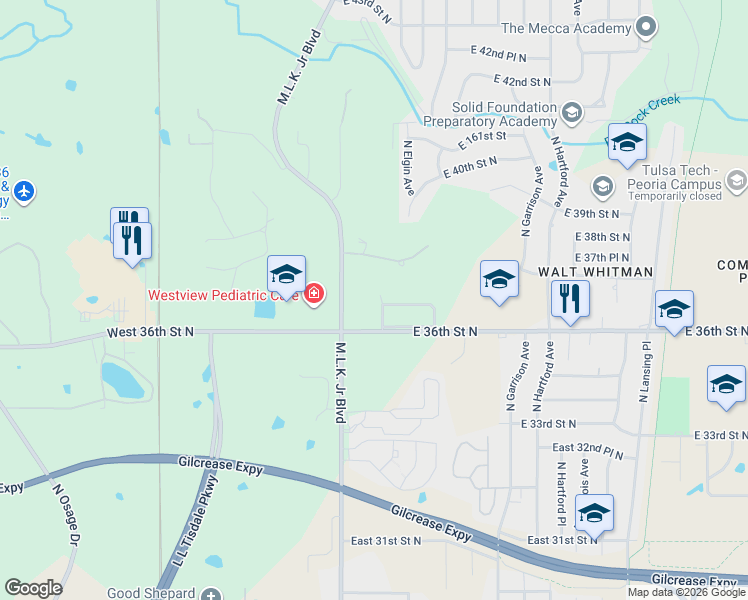 map of restaurants, bars, coffee shops, grocery stores, and more near 3630 North Detroit Avenue in Tulsa