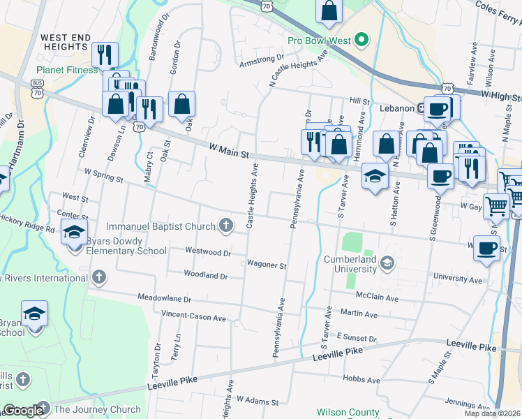 map of restaurants, bars, coffee shops, grocery stores, and more near 617 West Spring Street in Lebanon