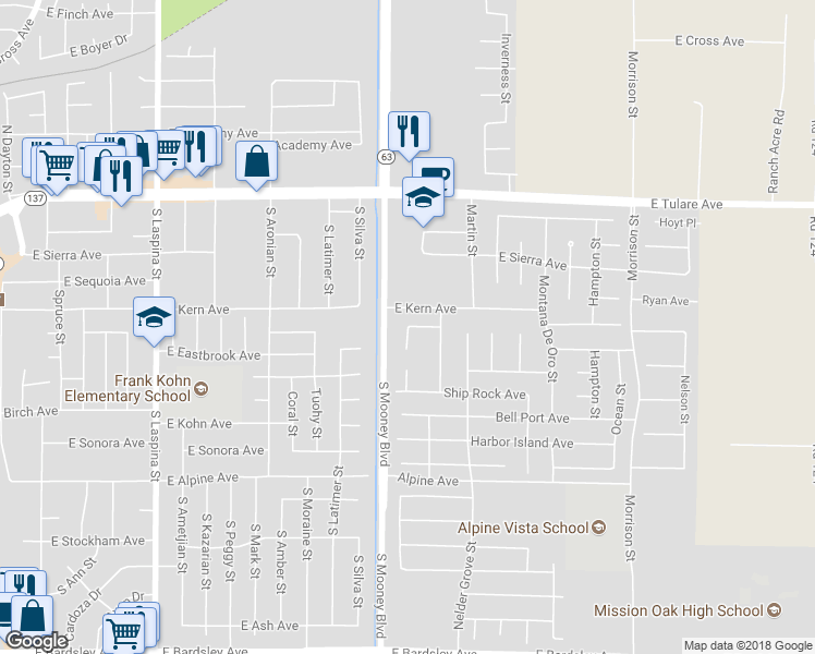 map of restaurants, bars, coffee shops, grocery stores, and more near 2308 Cape Canyon Avenue in Tulare