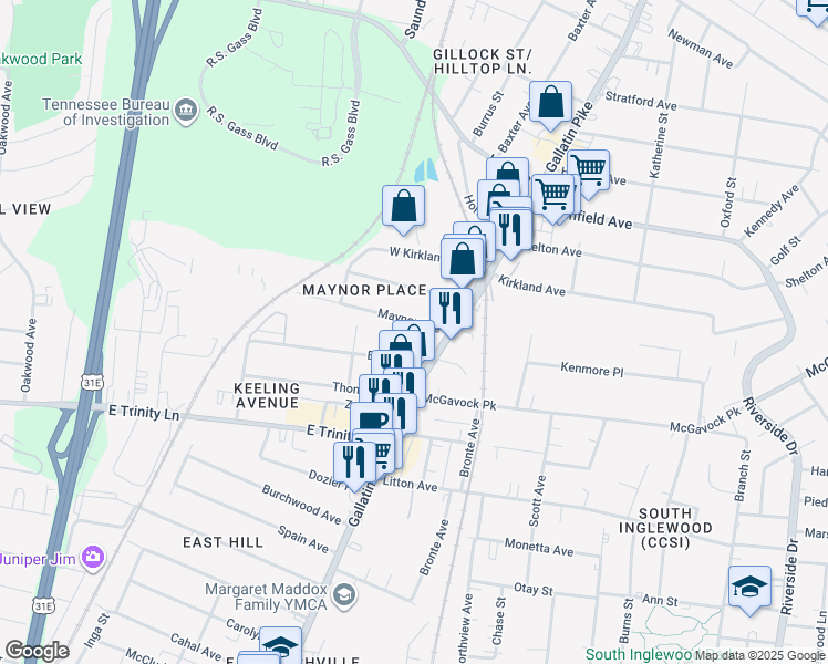map of restaurants, bars, coffee shops, grocery stores, and more near 1028C Maynor Avenue in Nashville
