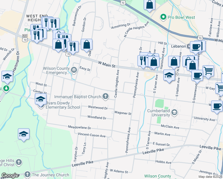 map of restaurants, bars, coffee shops, grocery stores, and more near 701 West Spring Street in Lebanon