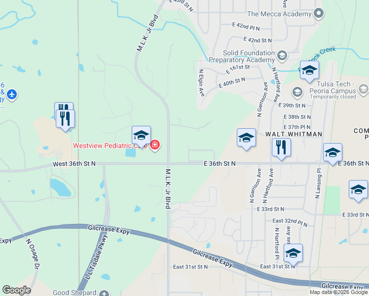 map of restaurants, bars, coffee shops, grocery stores, and more near 3630 North Detroit Avenue in Tulsa