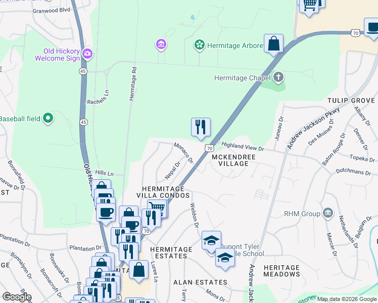 map of restaurants, bars, coffee shops, grocery stores, and more near 362 Monaco Drive in Nashville