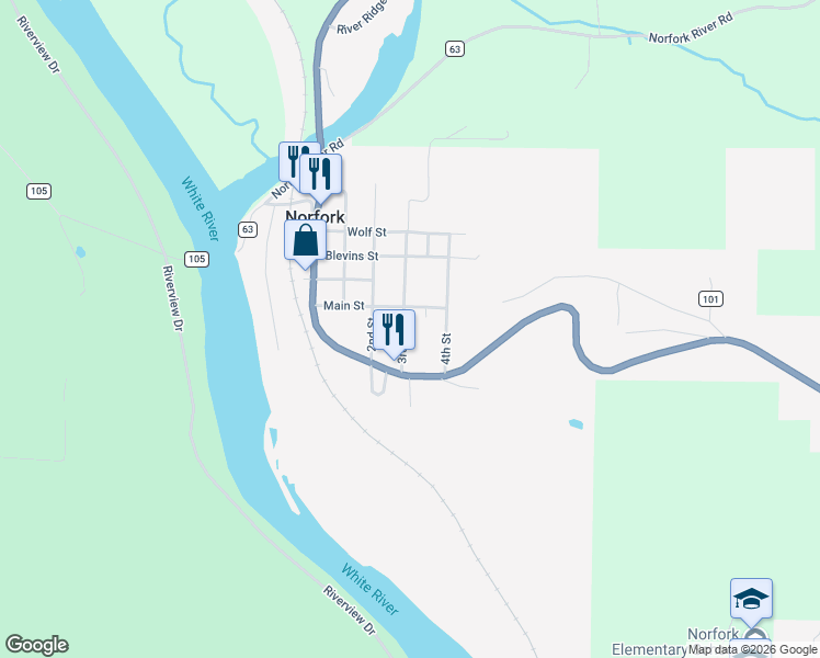 map of restaurants, bars, coffee shops, grocery stores, and more near 113 3rd Street in Norfork
