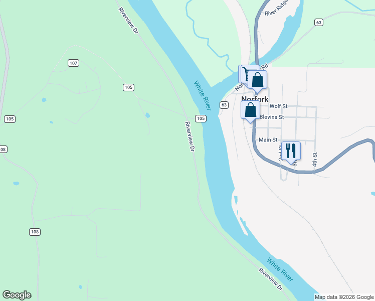map of restaurants, bars, coffee shops, grocery stores, and more near 1275 Riverview Drive in Norfork
