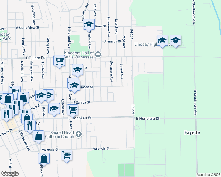 map of restaurants, bars, coffee shops, grocery stores, and more near 1396 E Hermosa St in Lindsay