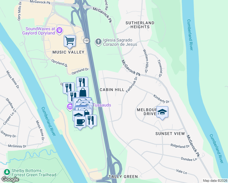 map of restaurants, bars, coffee shops, grocery stores, and more near 2426 Robbie Court in Nashville