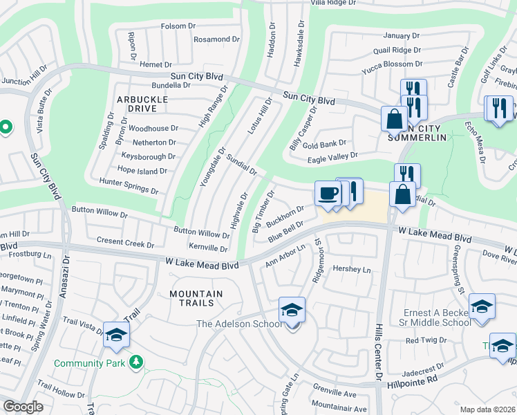 map of restaurants, bars, coffee shops, grocery stores, and more near 2553 Big Timber Drive in Las Vegas