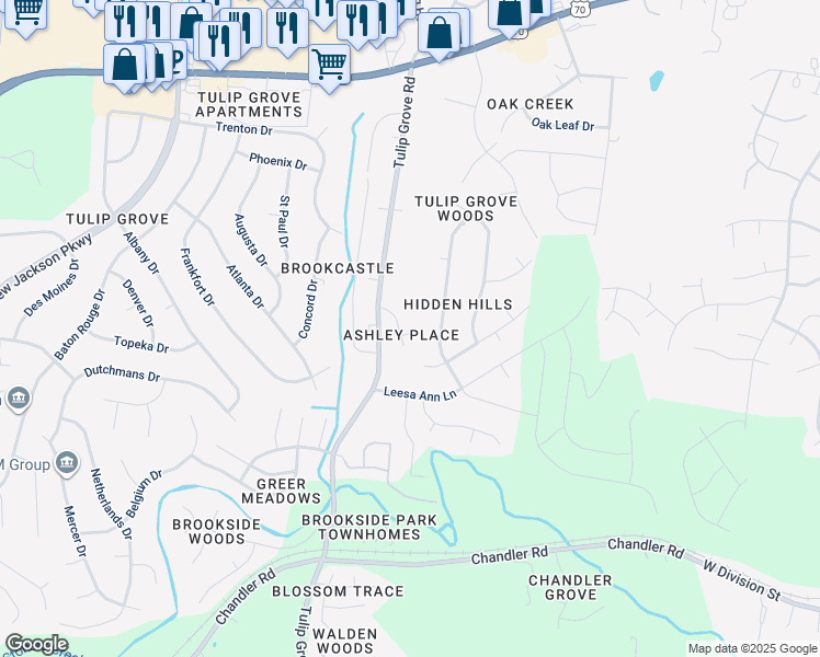 map of restaurants, bars, coffee shops, grocery stores, and more near 4717 Ashley Way in Nashville