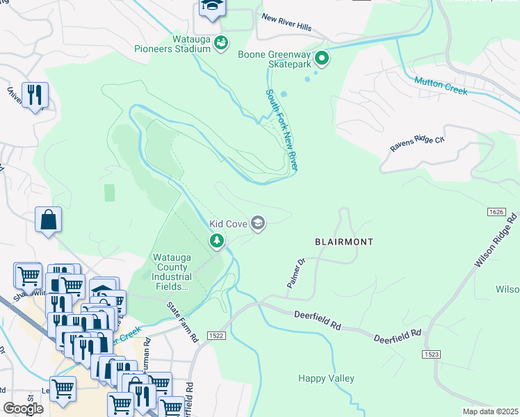 map of restaurants, bars, coffee shops, grocery stores, and more near 930 Hunting Hills Lane in Boone