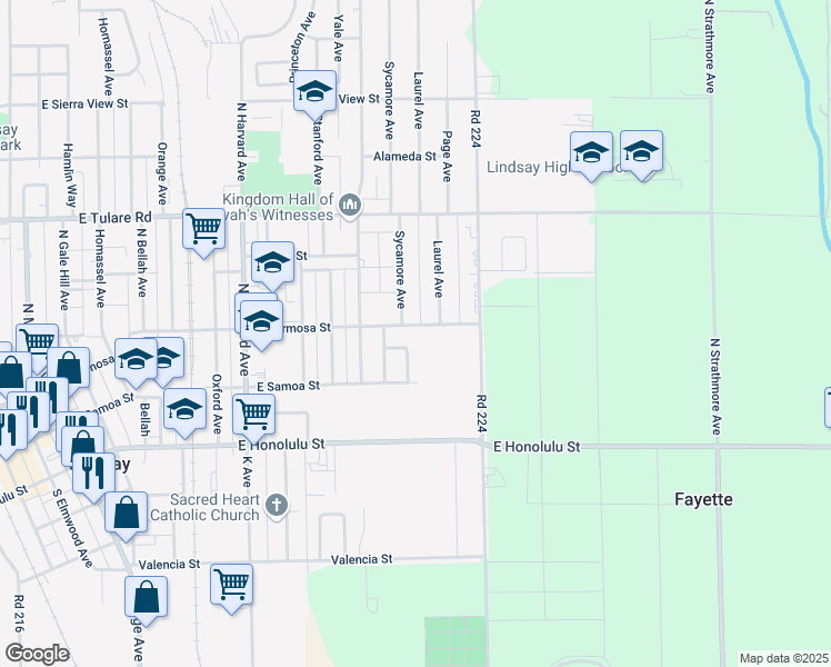map of restaurants, bars, coffee shops, grocery stores, and more near 1396 E Hermosa St in Lindsay