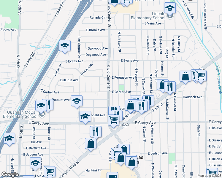 map of restaurants, bars, coffee shops, grocery stores, and more near 2605 North Saint George Street in North Las Vegas