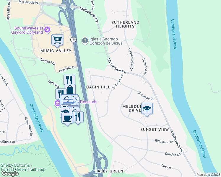 map of restaurants, bars, coffee shops, grocery stores, and more near 2436 Fairbrook Drive in Nashville