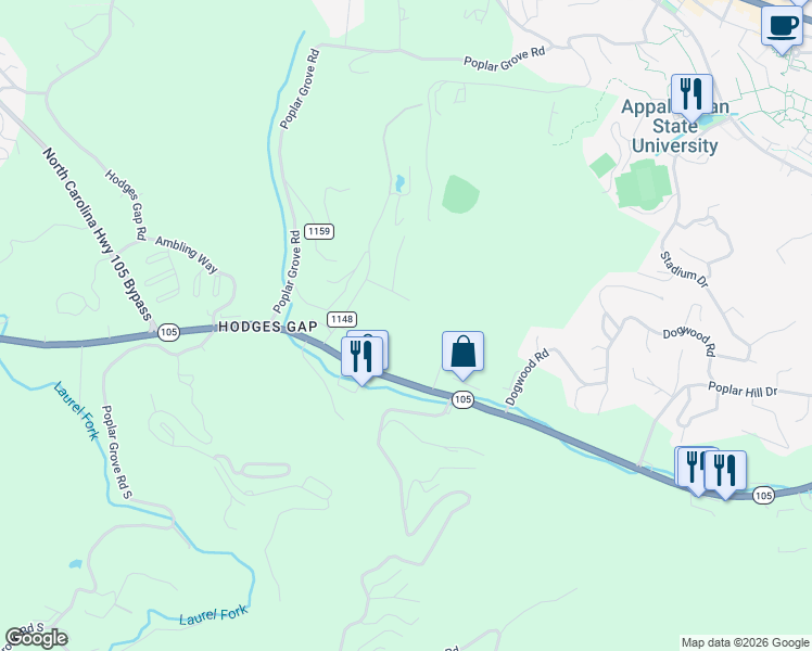 map of restaurants, bars, coffee shops, grocery stores, and more near 220 Hummingbird Hill in Boone