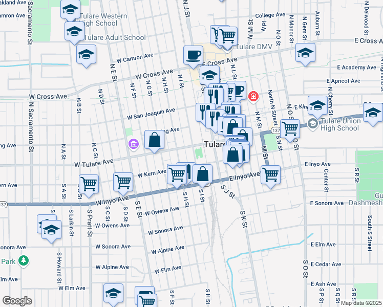 map of restaurants, bars, coffee shops, grocery stores, and more near 121 South I Street in Tulare