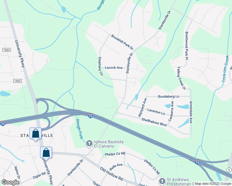 map of restaurants, bars, coffee shops, grocery stores, and more near 5900 Stanleyville Drive in Rural Hall