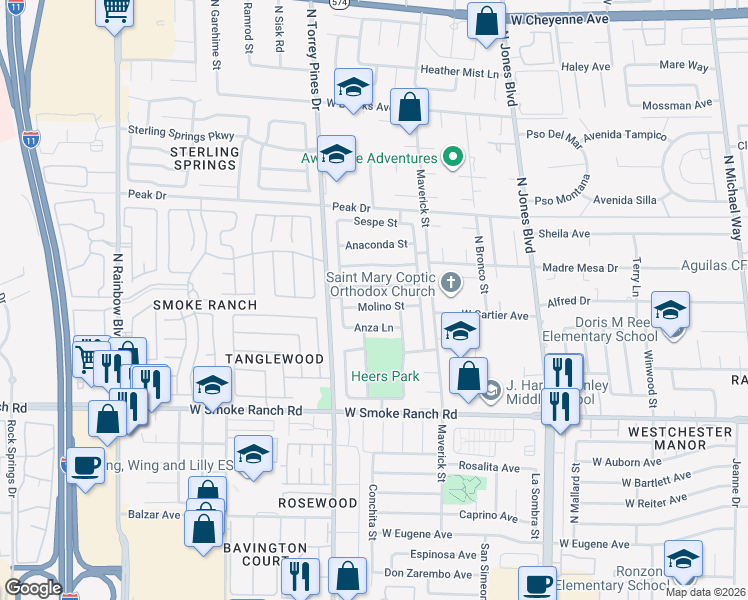 map of restaurants, bars, coffee shops, grocery stores, and more near 6320 Molino Street in Las Vegas