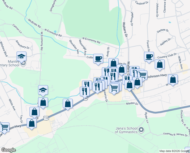 map of restaurants, bars, coffee shops, grocery stores, and more near 2222 West Andrew Johnson Highway in Morristown