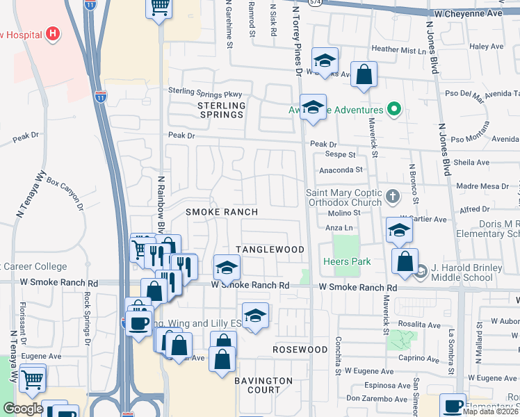 map of restaurants, bars, coffee shops, grocery stores, and more near 6529 Bradford Lane in Las Vegas