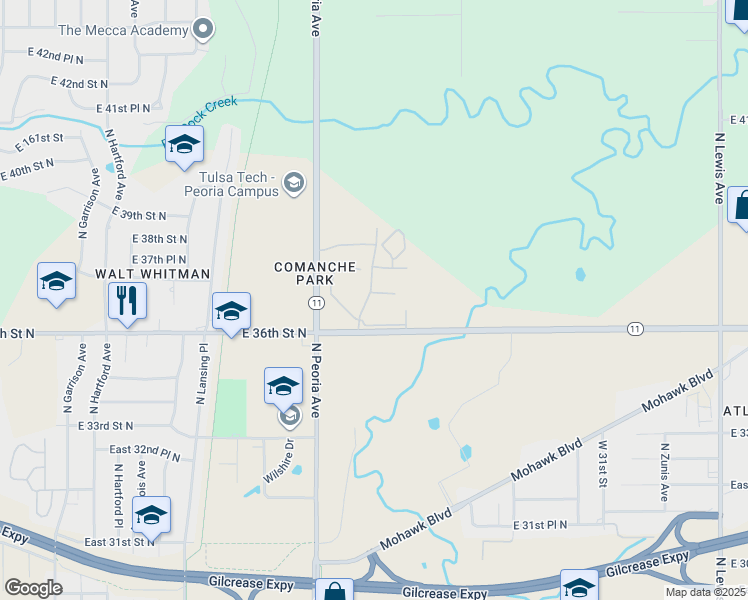 map of restaurants, bars, coffee shops, grocery stores, and more near 3723 North Quaker Avenue in Tulsa