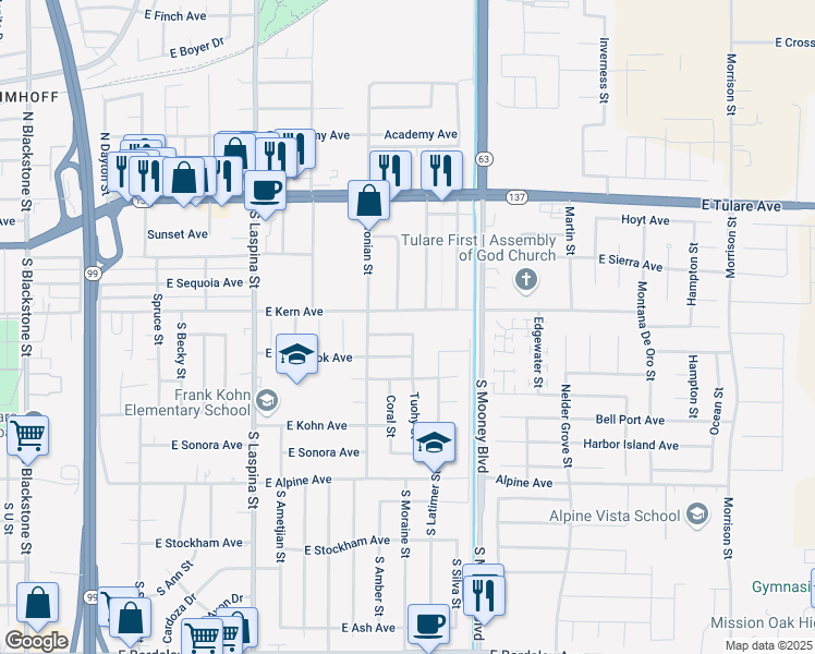 map of restaurants, bars, coffee shops, grocery stores, and more near 1998 East Toledo Avenue in Tulare