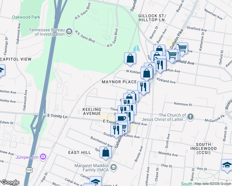 map of restaurants, bars, coffee shops, grocery stores, and more near 931 Elvira Avenue in Nashville
